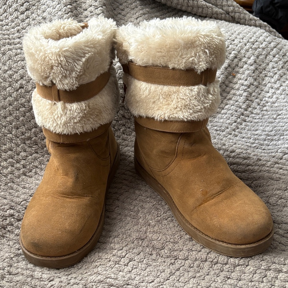 G by Guess Tan Faux-Suede Winter Boots with Cream Faux-Fur Cuffs